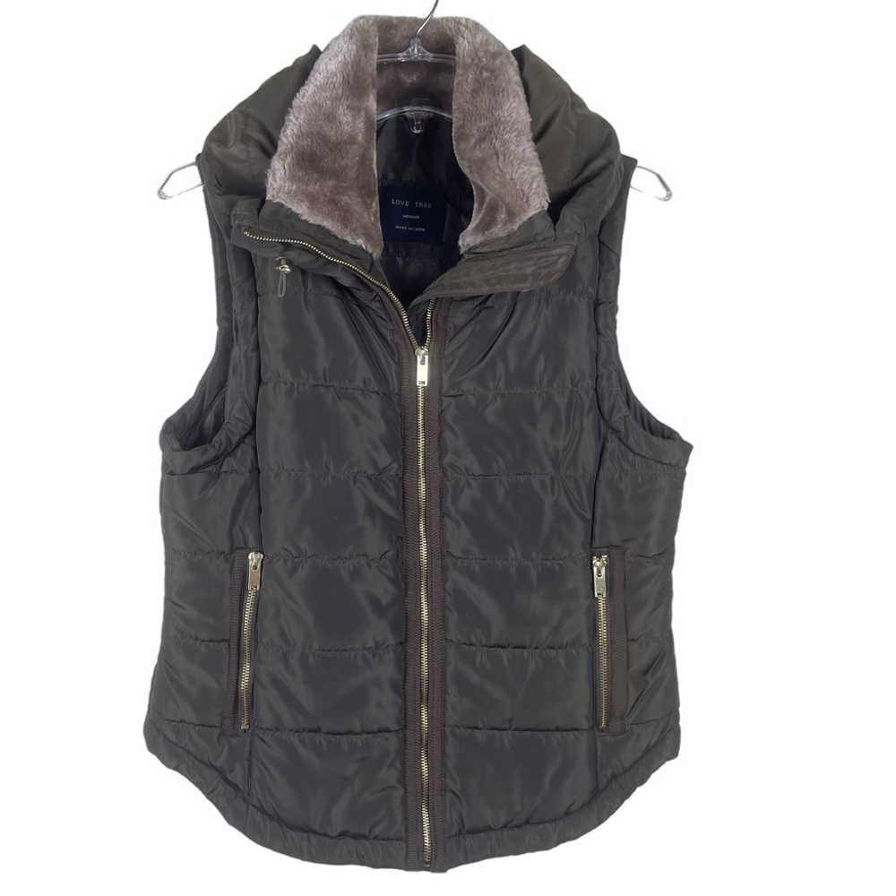 Love Tree Puffer Vest Gold Hardware Faux Fur Collar Size Medium - Picture 1 of 12